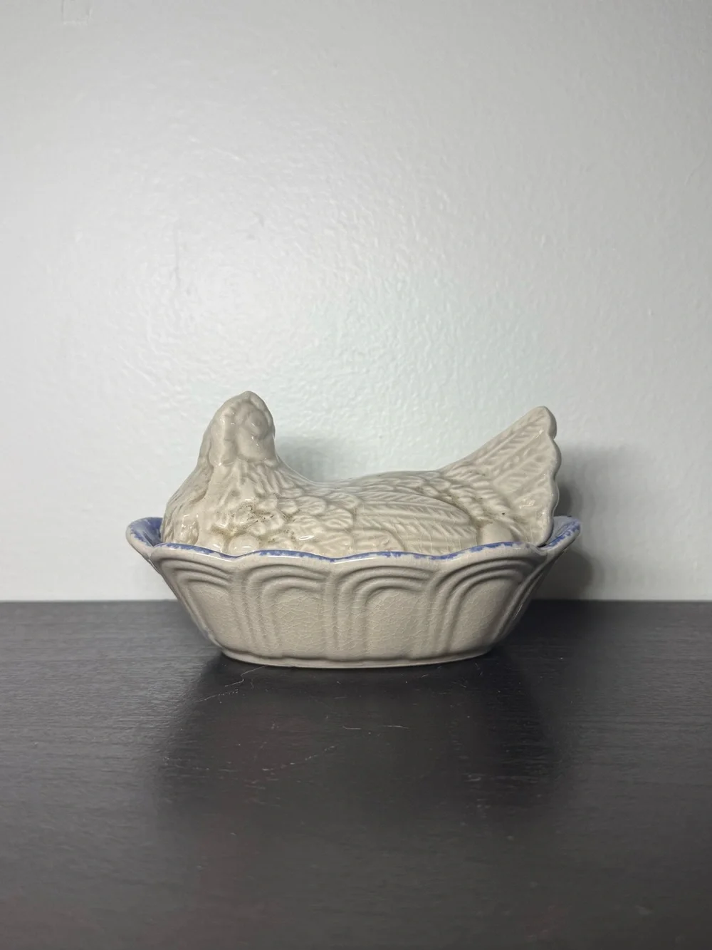 Vintage 1970s Hen On Nest Blue Splatter China Signed